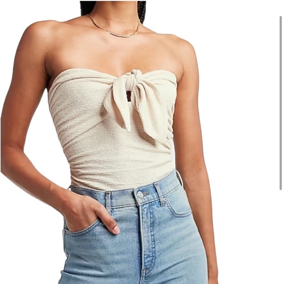 Express NEW Metallic Gold Cream Tie Front Tube Top Size L - Picture 1 of 3